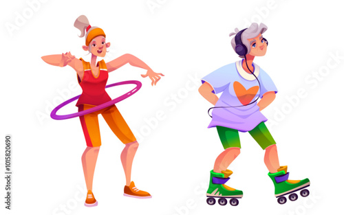 Old senior woman exercise for physical health. Elder people in gym. Happy grandmother with hoolahoop and rollers isolated collection. Elderly positive character. Lifestyle for strength and energy