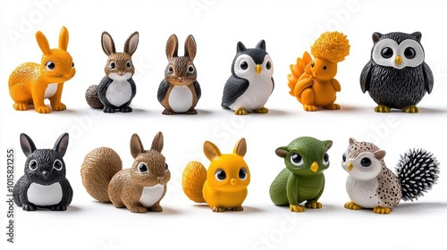 A photostock images of a collection of small hand-painted animal figurines including rabbits, squirrels, and owls on a clean white background High Quality photo