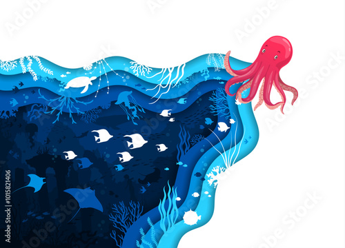 Paper cut underwater landscape with octopus and fish shoal or undersea animals, vector background. Sea or ocean underwater life in paper cut water with funny cartoon octopus character and jellyfish