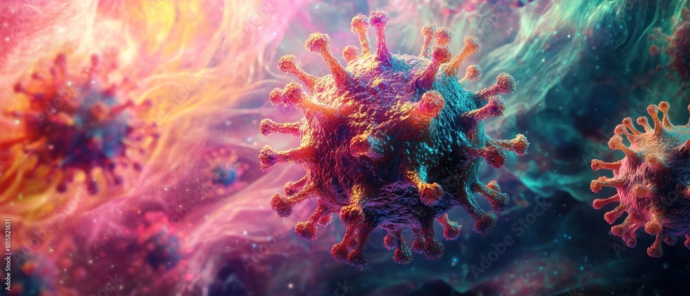 Fototapeta premium Colorful Macro View of Virus in Cosmic Background