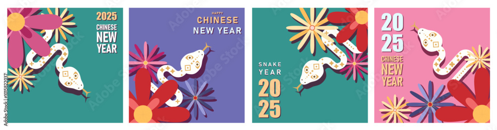 Set of 2025 Chinese new year, year of the snake template design with white snakes and beautiful flowers background Set of 2025 Chinese new year, year of the snake template design with white snakes and beautiful flowers background