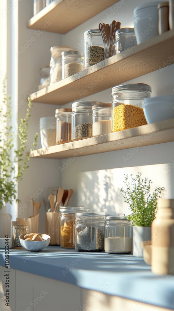 Blurred blue kitchen countertop with cooking utensils and ingredients on the shelves in a modern interior background, suitable for product display Blurred blue kitchen countertop with cooking utensils and ingredients on the shelves in a modern interior background, suitable for product display
