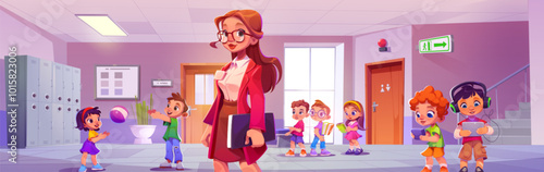 Teacher and children in school corridor. Vector cartoon illustration of young woman in suit and eyeglasses smiling, happy boys, girls playing ball, using gadgets on break, lockers and classroom doors