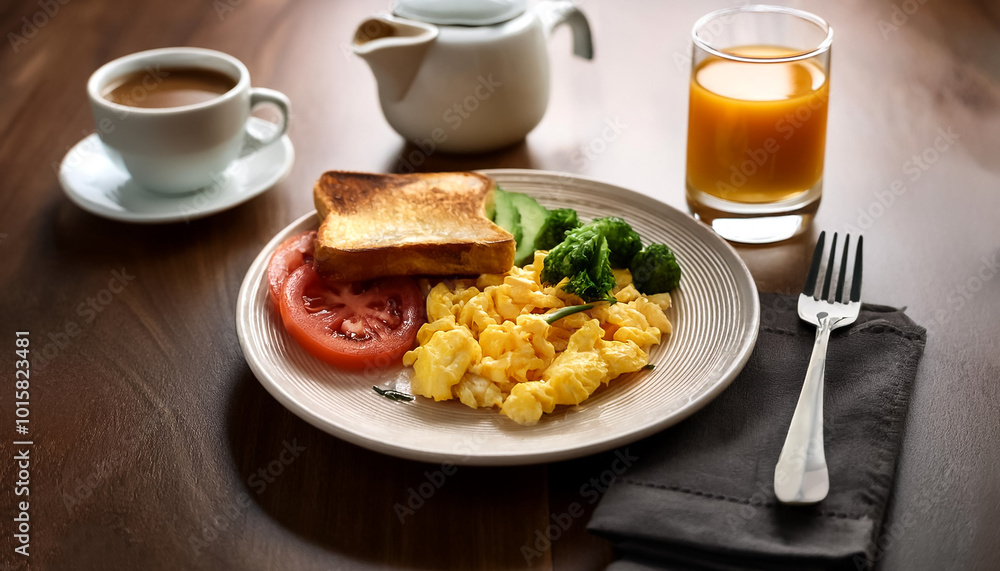 Breakfast plate with scrambled eggs, vegetables, and toast, surrounded by coffee and juice Breakfast plate with scrambled eggs, vegetables, and toast, surrounded by coffee and juice