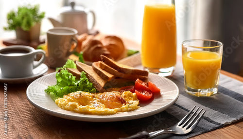 Breakfast plate with scrambled eggs, vegetables, and toast, surrounded by coffee and juice