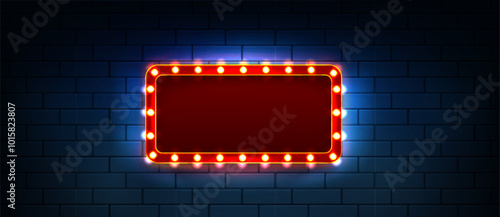 Casino neon light sign. Retro cinema show frame. Circus bulb billboard. Marquee red signboard banner with lamp for text. Night 3d theater or hollywood border vector. Illuminated winner glow board