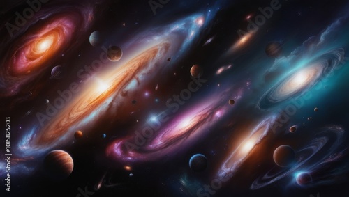 Beauty of Deep Space, Billions of Galaxies and Planets in a Cosmic Art Universe