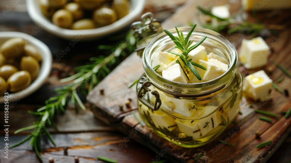 Rustic Feta Cheese in Olive Oil with Herbs and Olives Rustic Feta Cheese in Olive Oil with Herbs and Olives