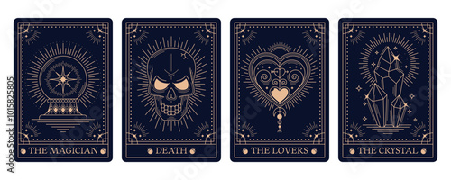 Magic occult Tarot cards in mystic esoteric frames with arcana symbols, vector decks covers. Tarot cards with prediction signs of skull death, heart lovers or magician and crystal for reverse decks
