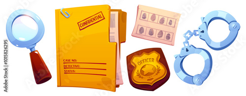 Detective or spy character equipment. Cartoon vector set of investigator tools - magnifying glass, handcuffs and police officer badge, folder with confidential paper information and fingerprints.
