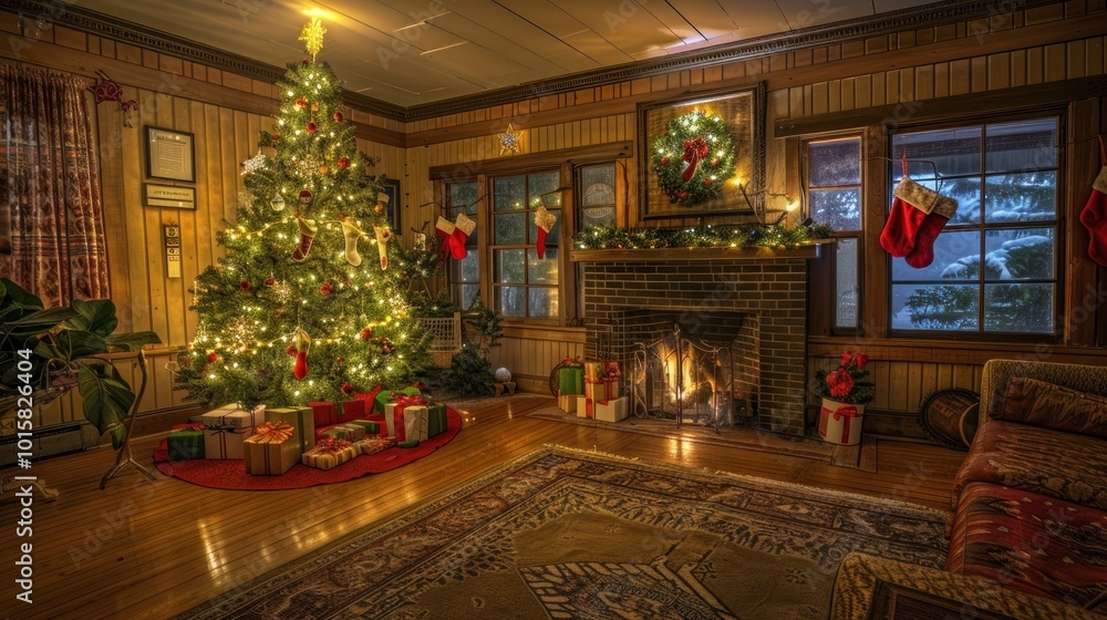 A cozy living room decorated for the festive season with a Christmas tree, stockings on the fireplace, and warm lighting creating a joyful atmosphere A cozy living room decorated for the festive season with a Christmas tree, stockings on the fireplace, and warm lighting creating a joyful atmosphere