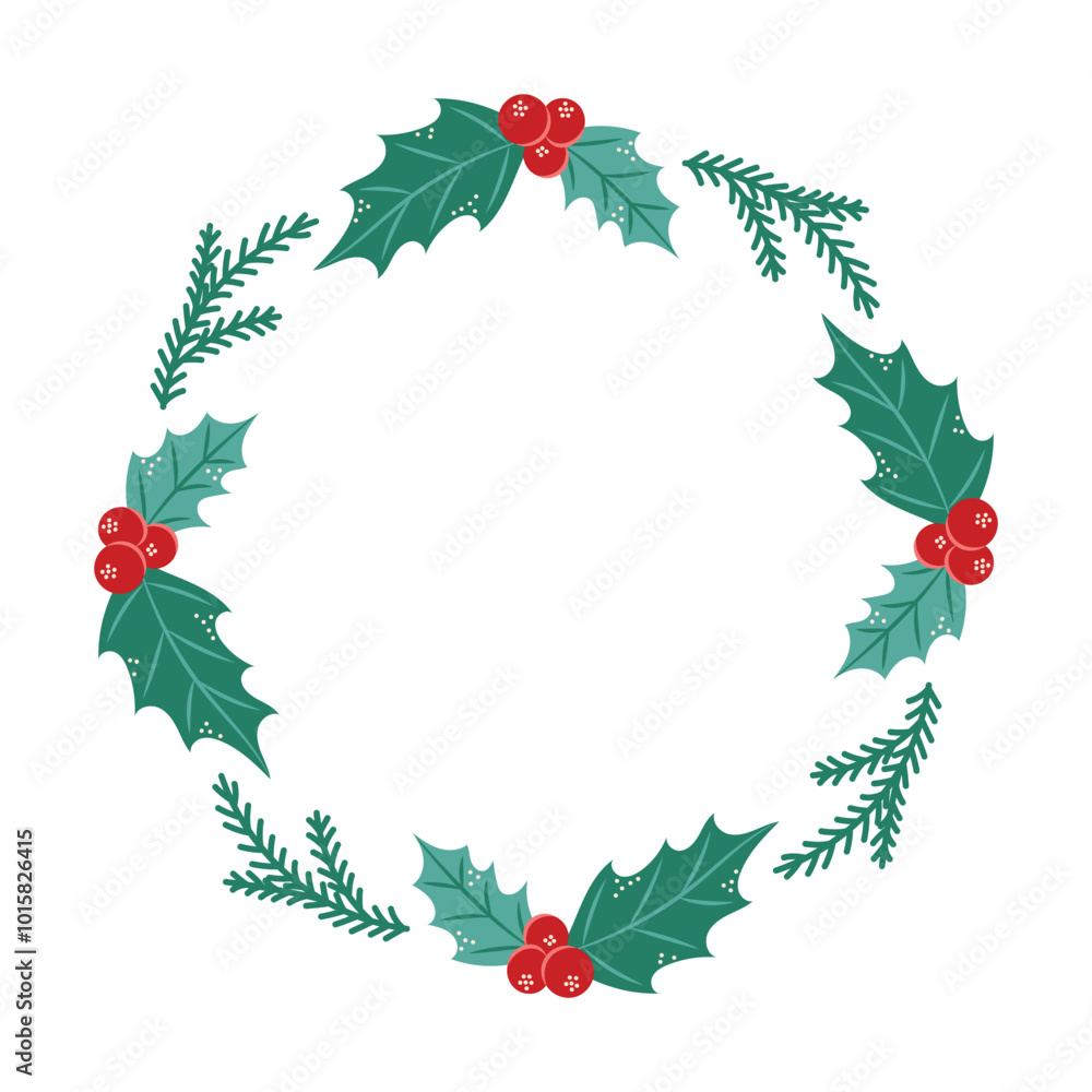 Naklejka premium Round Christmas Frame with holly. Winter frame with empty space for text. Christmas and New Year. Isolated vector illustration.