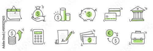 Money finance doodle hand drawn icon set. Finance business, money, bank sketch drawn cute trendy doodle icon. Business bank sketchy calculator, increase economic goal elements. Vector illustration