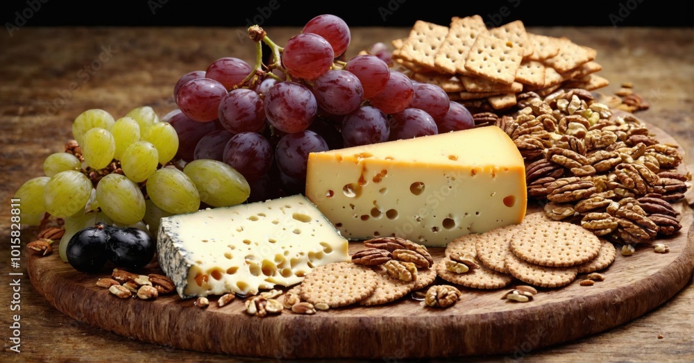 Gourmet cheeseboard with assorted cheeses, grapes, nuts, crackers, honey drizzle Gourmet cheeseboard with assorted cheeses, grapes, nuts, crackers, honey drizzle