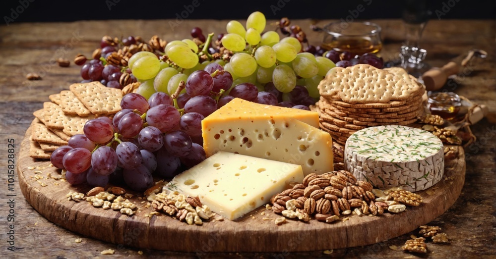 Gourmet cheeseboard with assorted cheeses, grapes, nuts, crackers, honey drizzle Gourmet cheeseboard with assorted cheeses, grapes, nuts, crackers, honey drizzle
