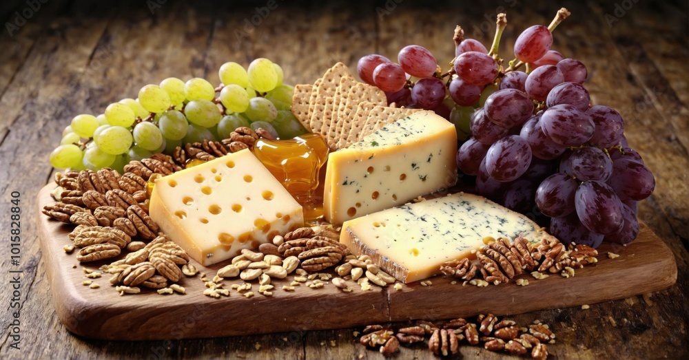 Gourmet cheeseboard with assorted cheeses, grapes, nuts, crackers, honey drizzle Gourmet cheeseboard with assorted cheeses, grapes, nuts, crackers, honey drizzle