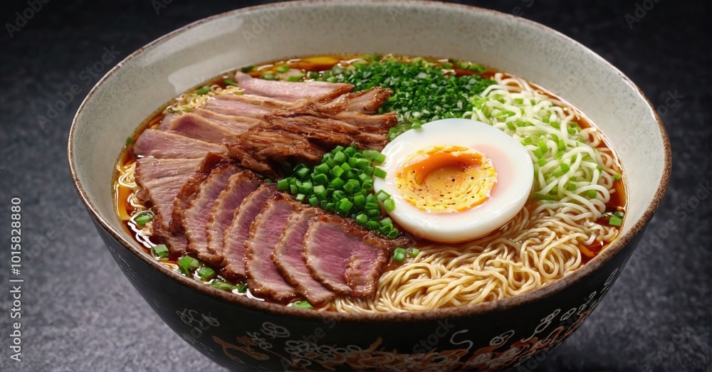Bowl of ramen with soft-boiled egg, noodles, pork belly Bowl of ramen with soft-boiled egg, noodles, pork belly