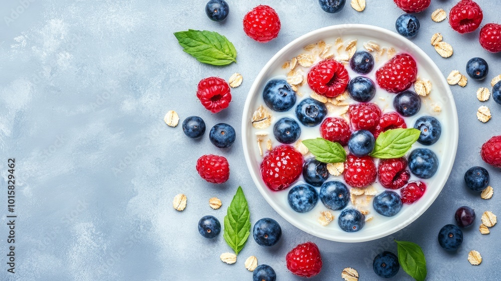 Bowl of oat flakes with milk and berries. Top view Bowl of oat flakes with milk and berries. Top view