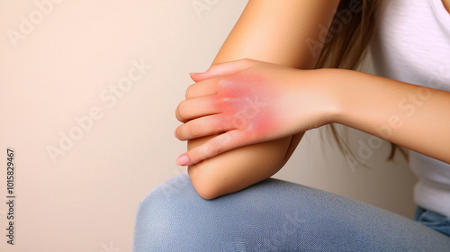 Wallpaper Mural A close-up of a young womanÃ¢ÂÂs arm with an inflamed red rash caused by an allergic reaction to an insect bite. Her hand is mid-motion as she scratches the irritated skin. Torontodigital.ca
