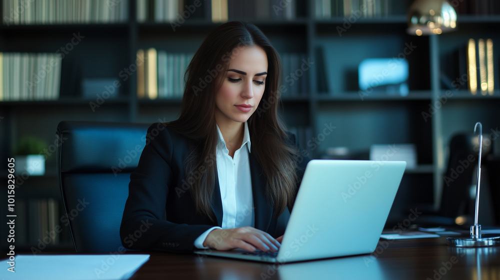 A confident business lawyer woman, dressed in a formal suit, sits at a polished wooden desk, typing on her laptop in a sleek legal office. Legal books and documents are neatly arra A confident business lawyer woman, dressed in a formal suit, sits at a polished wooden desk, typing on her laptop in a sleek legal office. Legal books and documents are neatly arra