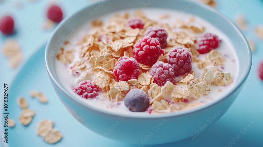Bowl of oat flakes with milk and berries Bowl of oat flakes with milk and berries