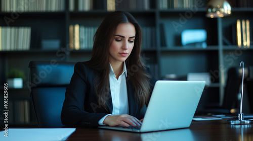 A confident business lawyer woman, dressed in a formal suit, sits at a polished wooden desk, typing on her laptop in a sleek legal office. Legal books and documents are neatly arra photo