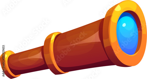 Cartoon pirate spyglass, vintage nautical telescope. Isolated vector navigation instrument for looking on distance. Captain or sailor optical tool, naval equipment, marine retro glass item
