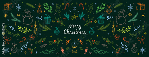Christmas drawn holly line decor, pine branch, snowflake background. Hand drawn doodle sketch holly floral, christmas tree leaves, winter pine. Holiday ornament sketch doodle. Vector illustration