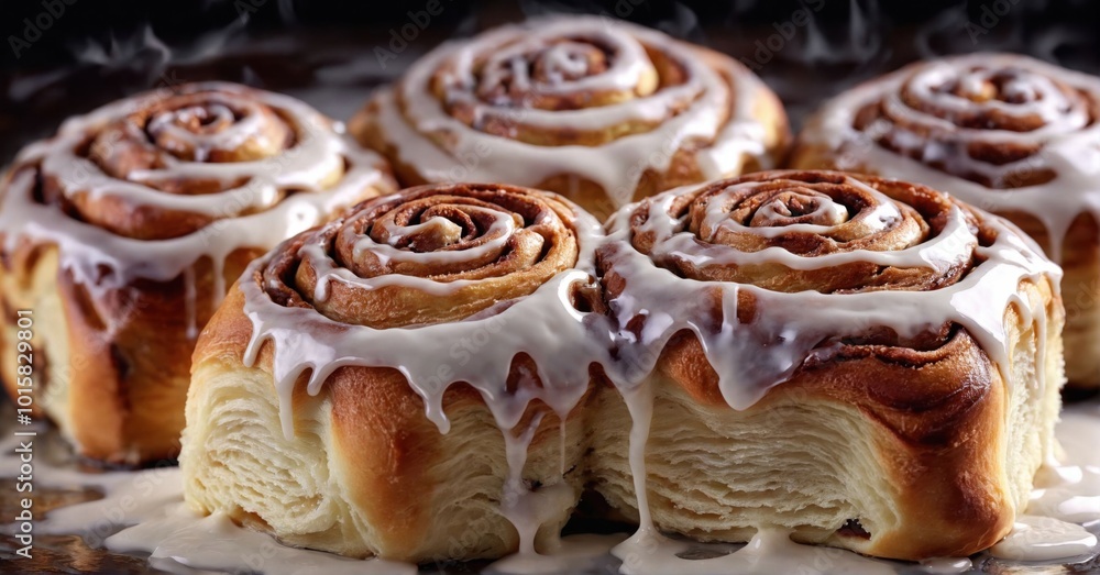 Freshly baked cinnamon rolls with icing drizzled on top Freshly baked cinnamon rolls with icing drizzled on top