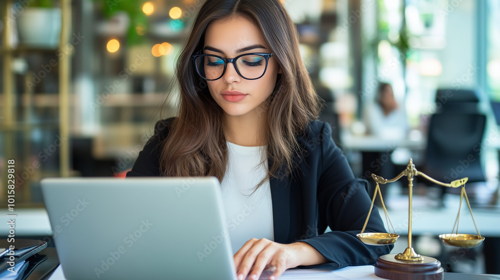 A professional business lawyer woman wearing glasses concentrates on drafting a legal document on her laptop in her office. A gavel and scales of justice sit on the desk as symboli A professional business lawyer woman wearing glasses concentrates on drafting a legal document on her laptop in her office. A gavel and scales of justice sit on the desk as symboli