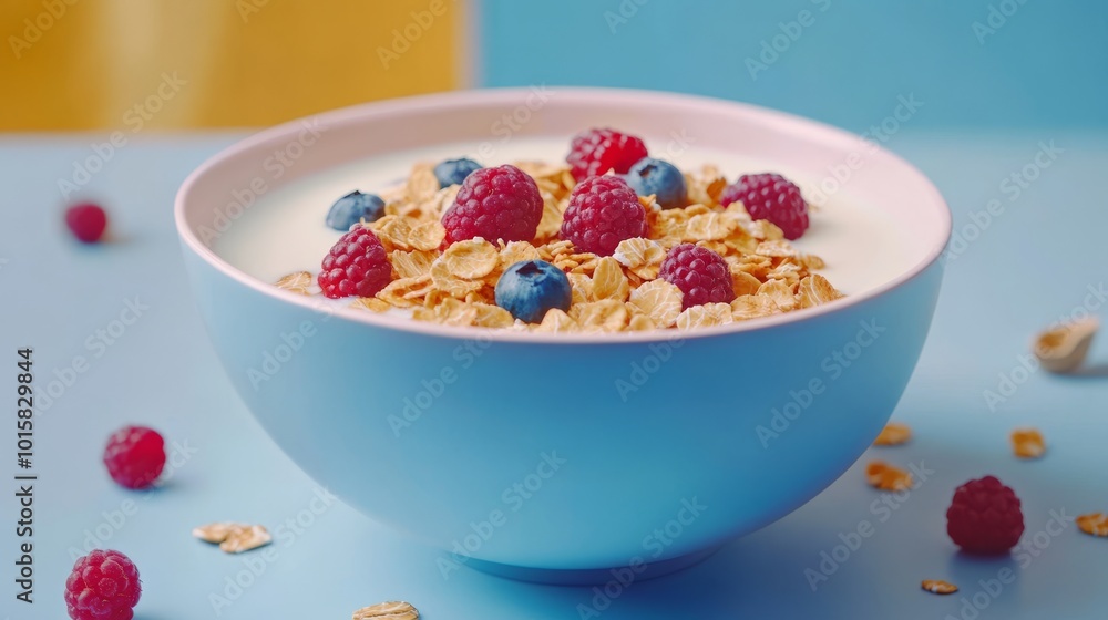 Bowl of oat flakes with milk and berries Bowl of oat flakes with milk and berries