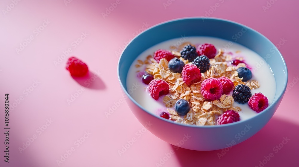Bowl of oat flakes with milk and berries Bowl of oat flakes with milk and berries