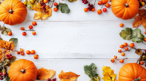 Autumn background with pumpkins, leaves, and berries on a white wooden table. Space for text in the center of the frame ar 128:71 photo