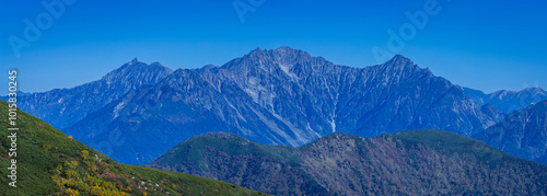 左から　槍ヶ岳・西穂高岳・奥穂高岳・吊尾根・前穂高岳・明神岳　乗鞍岳位ヶ原から撮影
