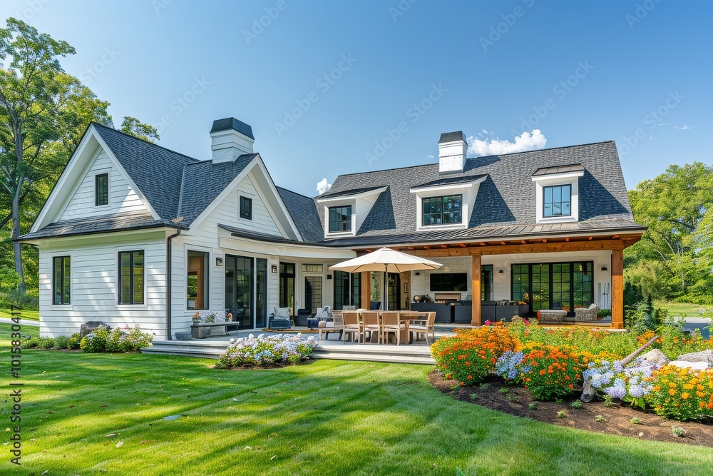 Charming modern farmhouse with a garage and front porch, featuring a backyard patio with an umbrella over a fire pit, surrounded by landscaped gardens and a sunny blue sky. Charming modern farmhouse with a garage and front porch, featuring a backyard patio with an umbrella over a fire pit, surrounded by landscaped gardens and a sunny blue sky.