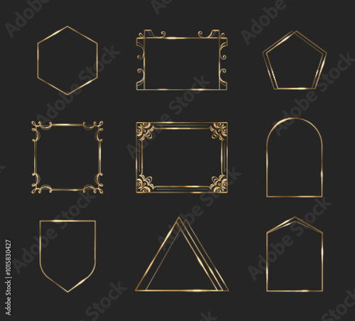 Thin gold elegant frame on dark background. Realistic vector illustration set of luxury golden glitter line with ornament. Abstract geometric wedding card, certificate or book decoration template.