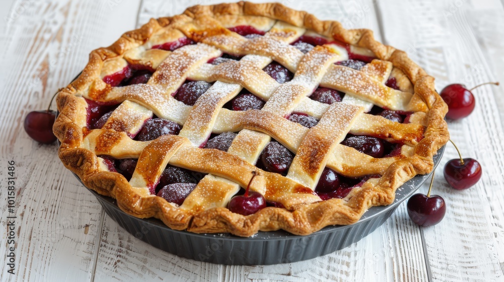 Freshly Baked Cherry Pie with Golden Lattice Crust and Rustic Charm Freshly Baked Cherry Pie with Golden Lattice Crust and Rustic Charm