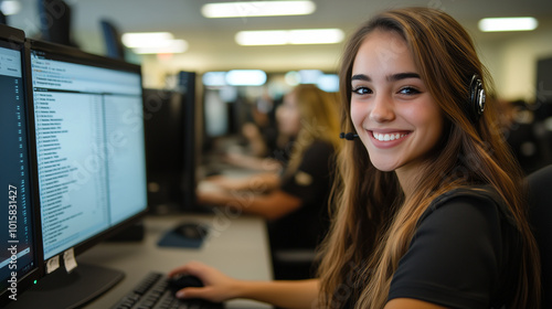 A young woman technical support agent, smiling as she speaks with a customer, her computer screen displaying a troubleshooting guide. The call center around her is bustling with ac