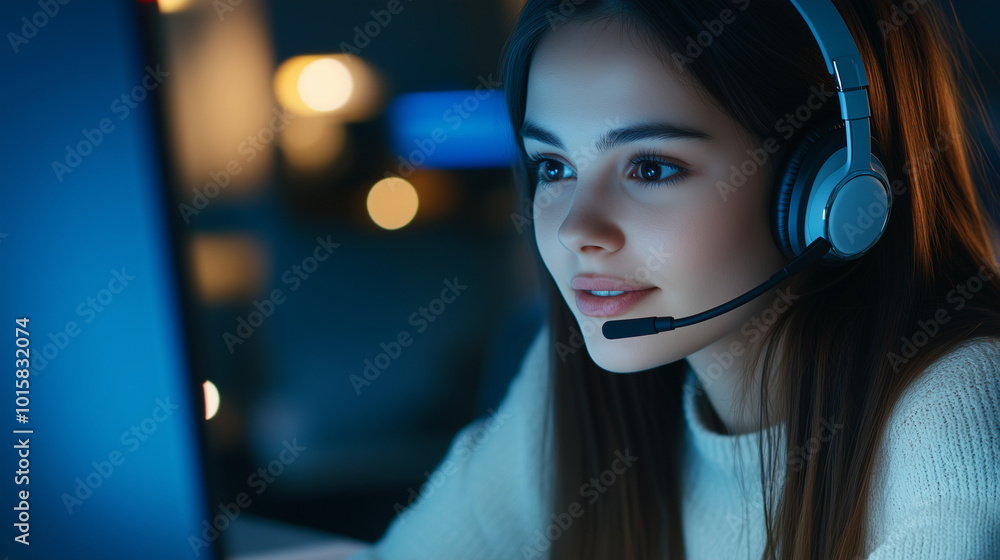 A close-up of a young woman wearing a sleek, modern headset, eyes locked on her computer screen, providing customer support, with the soft light of her monitor illuminating her cal A close-up of a young woman wearing a sleek, modern headset, eyes locked on her computer screen, providing customer support, with the soft light of her monitor illuminating her cal