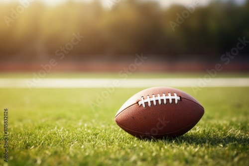 American football on the field with white lines and background, sports concept. Photorealistic landscape.