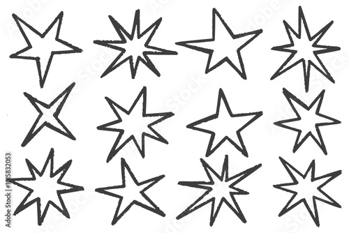 Random star shapes. Abstract hand drawn crayon irregular black elements. Cartoon outline burst. Vector paper cut spiky geometric figures.