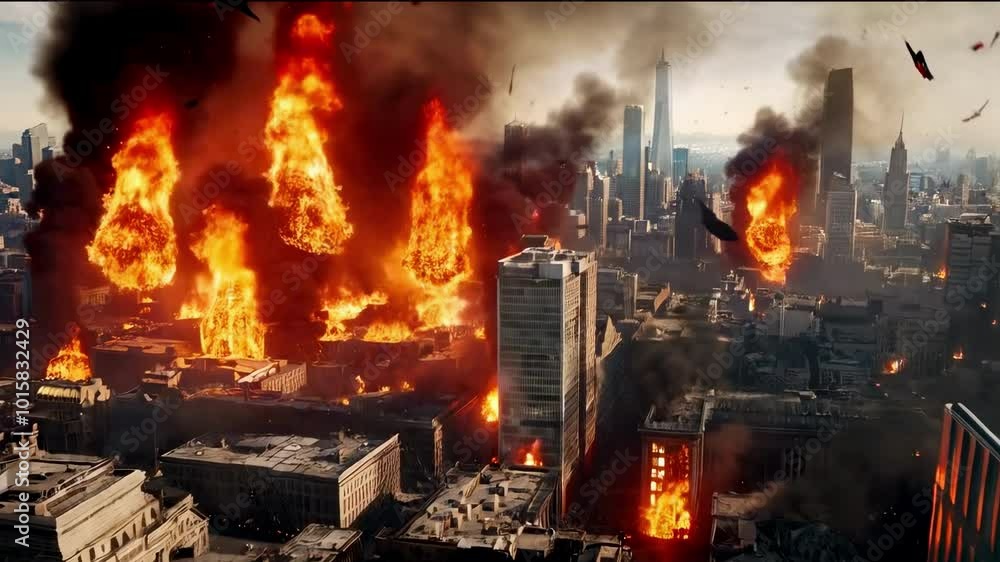 A city is on fire with smoke billowing into the sky A city is on fire with smoke billowing into the sky