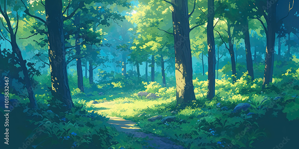 Anime cartoon style woodland forest background banner, green trees backdrop wallpaper Anime cartoon style woodland forest background banner, green trees backdrop wallpaper