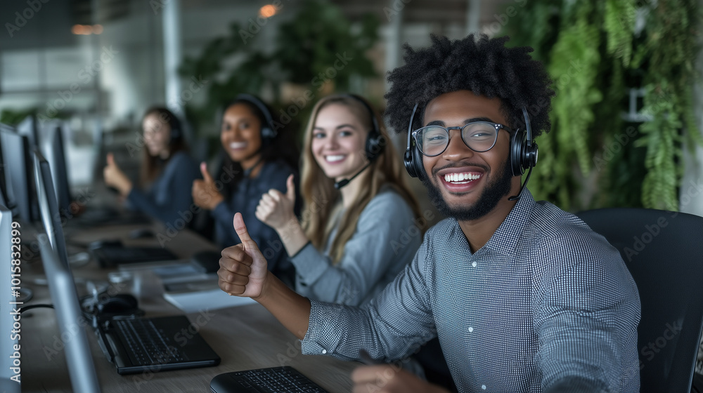 A group of diverse call center agents sitting at their desks, headsets on, flashing bright smiles and giving a collective thumbs up to show their satisfaction with their work envir A group of diverse call center agents sitting at their desks, headsets on, flashing bright smiles and giving a collective thumbs up to show their satisfaction with their work envir