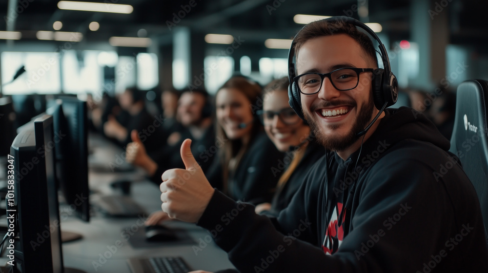 A wide shot of a vibrant call center office, showing a group of technical support staff wearing headsets, smiling happily and giving thumbs up while seated at their computers, with A wide shot of a vibrant call center office, showing a group of technical support staff wearing headsets, smiling happily and giving thumbs up while seated at their computers, with