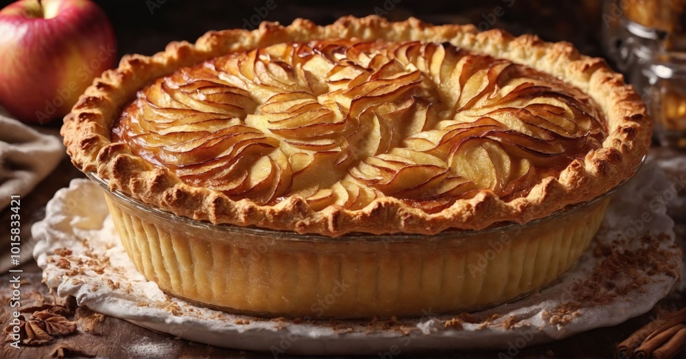 Freshly baked pie with a golden crust, warm apple filling Freshly baked pie with a golden crust, warm apple filling