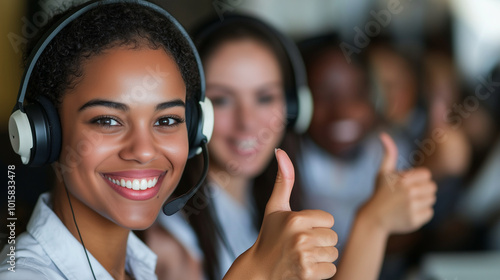 A group of diverse call center workers, headsets on and smiling widely, while giving a collective thumbs up to show their teamÃ¢ÂÂs success in handling customer service calls, creatin photo