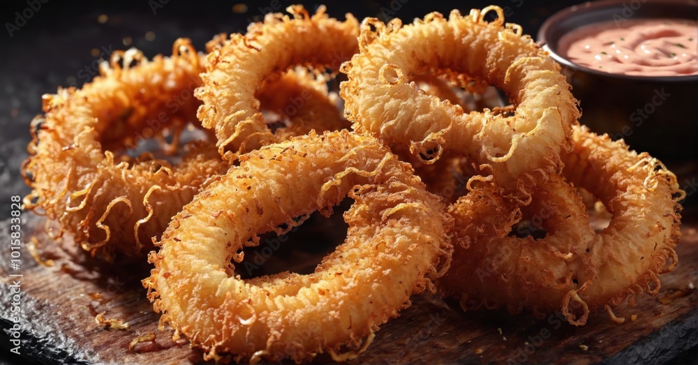 Crispy onion rings served with dipping sauce, vibrant colors Crispy onion rings served with dipping sauce, vibrant colors
