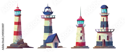 Sea light house icon. Ocean beacon tower illustration. Coast lighthouse building set isolated on white background. Navy guide element. Safety and navigation architecture with window in red and blue