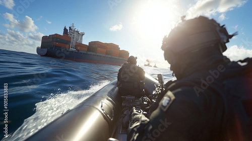 The inflatable boat, piloted by soldiers in full tactical gear, cuts through the shimmering water as they approach a modern container ship in the background, with the bright sun ov photo